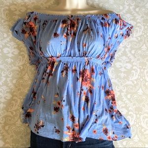 Free People Off Shoulder Top Blue Floral